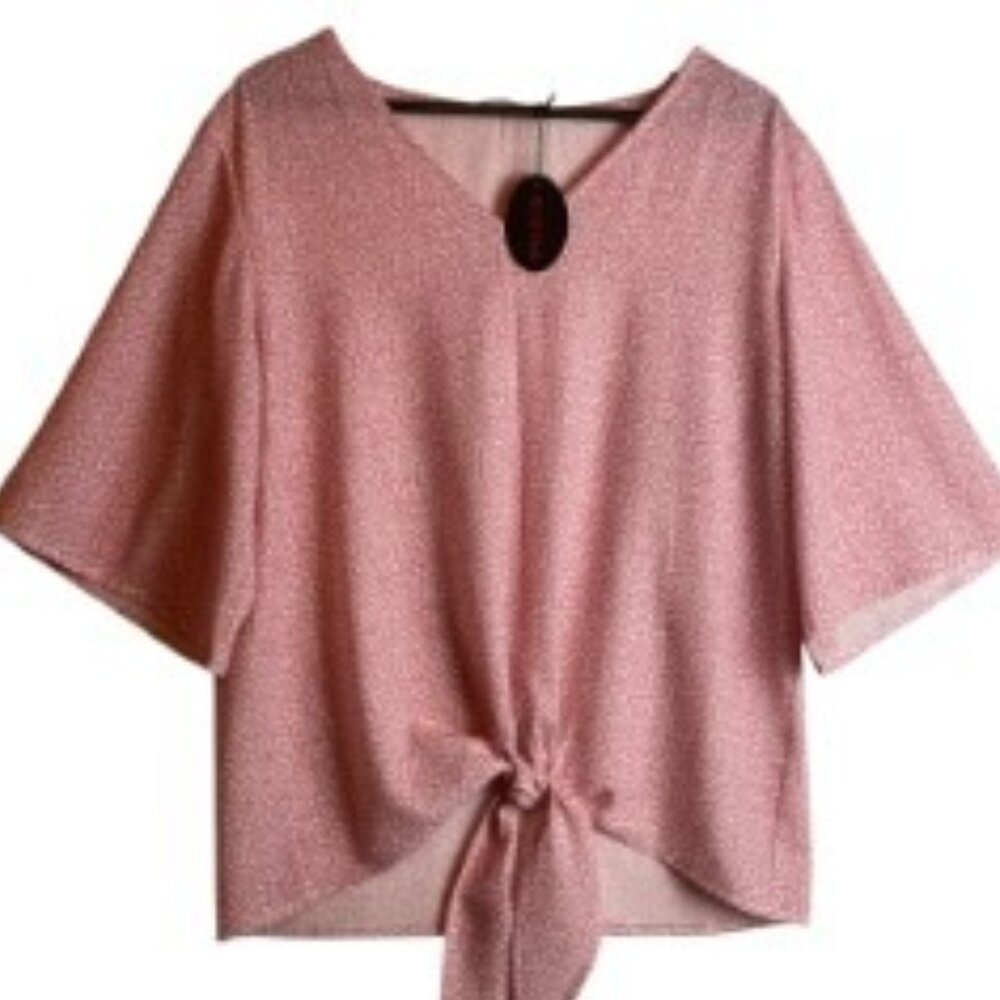 BLUE TIME V-NECK BLOUSE FRONT TIE BOHO PASTEL PINK/ABSTRACT WHITE DESIGN NWT